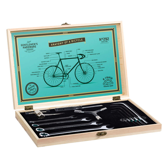 Gentleman's Hardware 16-Piece Bicycle Tool Kit Wooden Box with Stainless Steel Tools