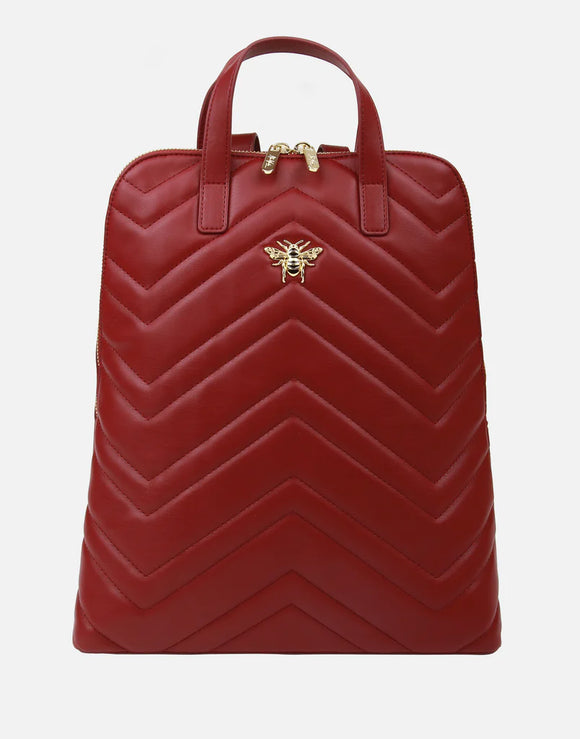 Alice Wheeler London Ladies Vegan Faux Leather Quilted Henley Backpack - Pomegranate Red